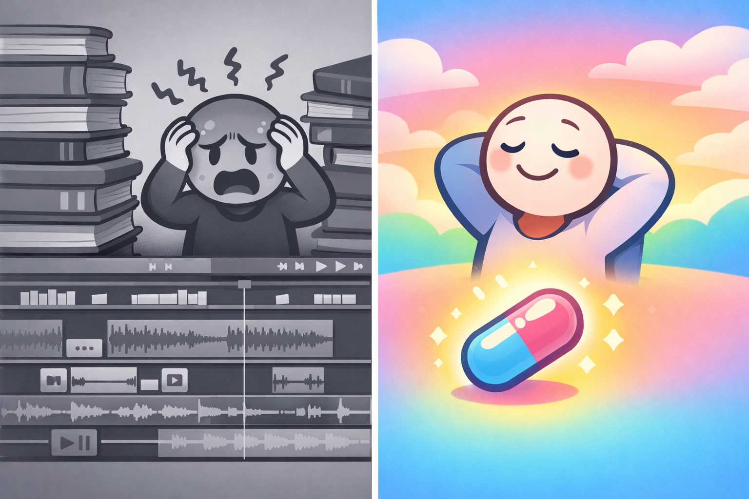 Comparación entre cursos tradicionales estresantes y microlearning con cápsulas diarias