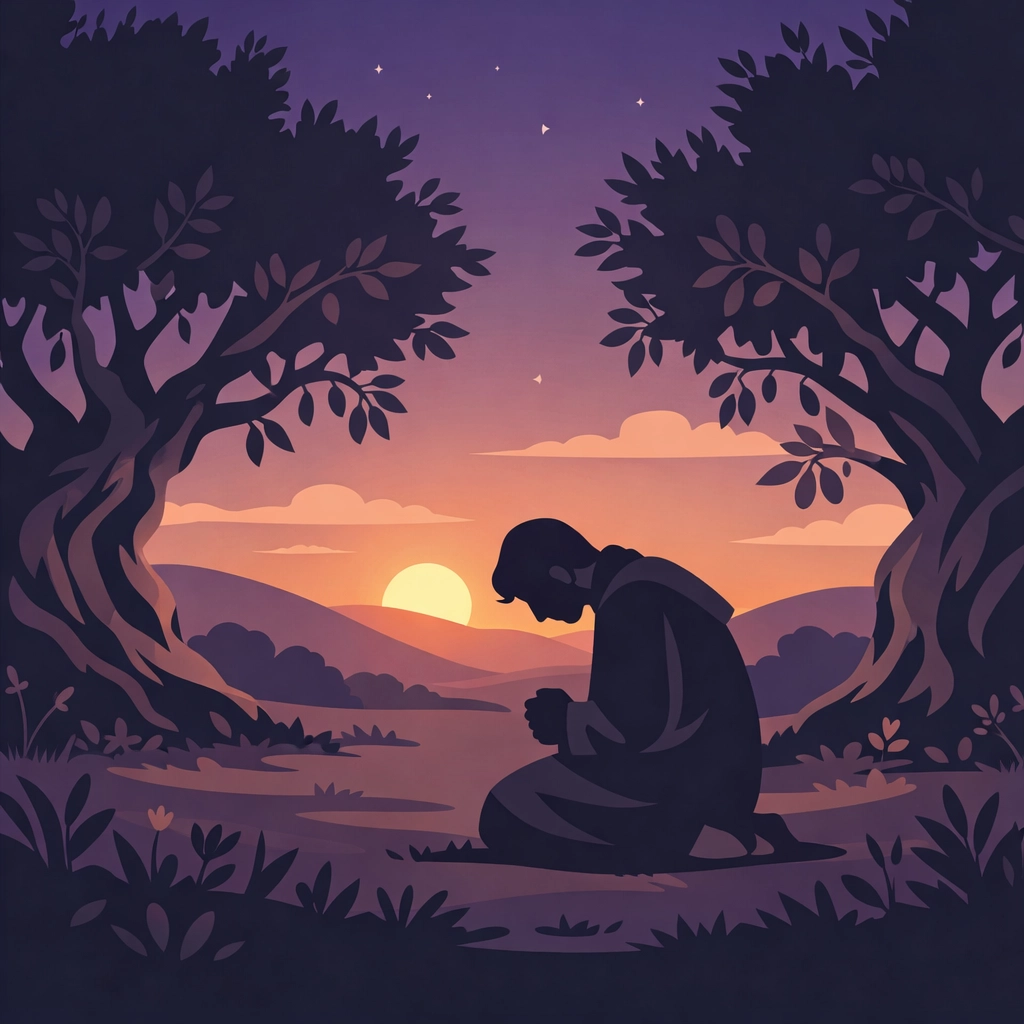 Leader kneeling in humble reflection among olive trees depicting biblical servant leadership