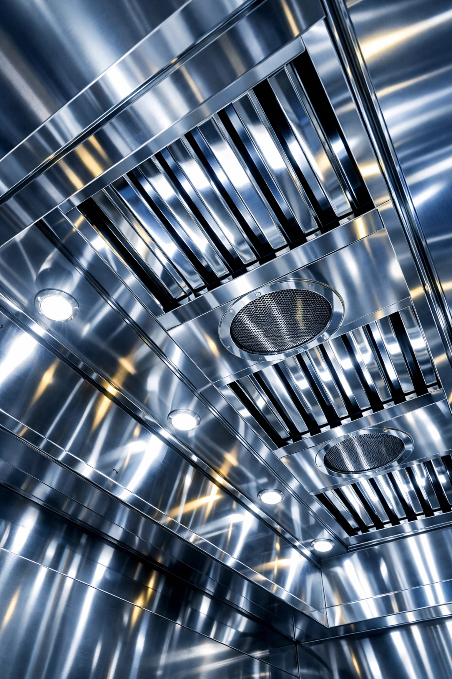 Clean stainless steel restaurant exhaust hood showing professional degreasing and fire code compliance.