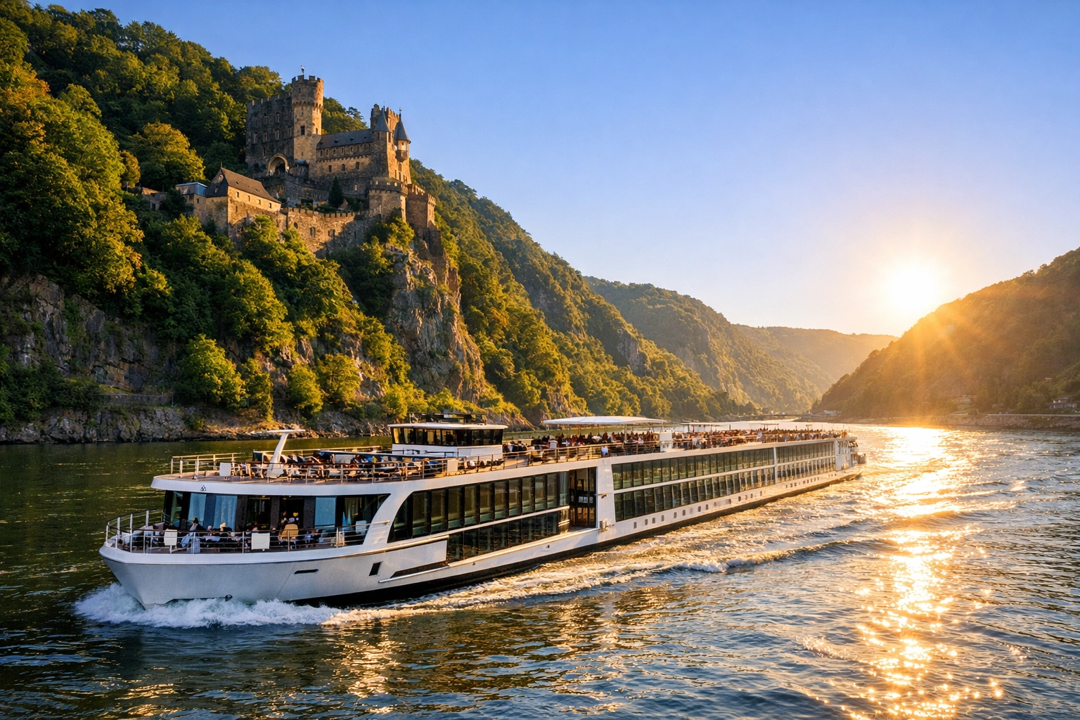 Modern river cruise ship sailing past a medieval stone castle in the Rhine Gorge, Germany.