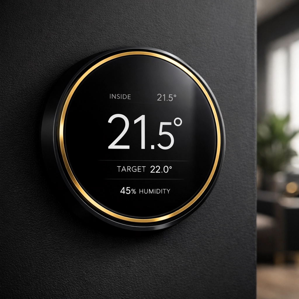 Modern digital thermostat controlling thermal performance in well-maintained rental property
