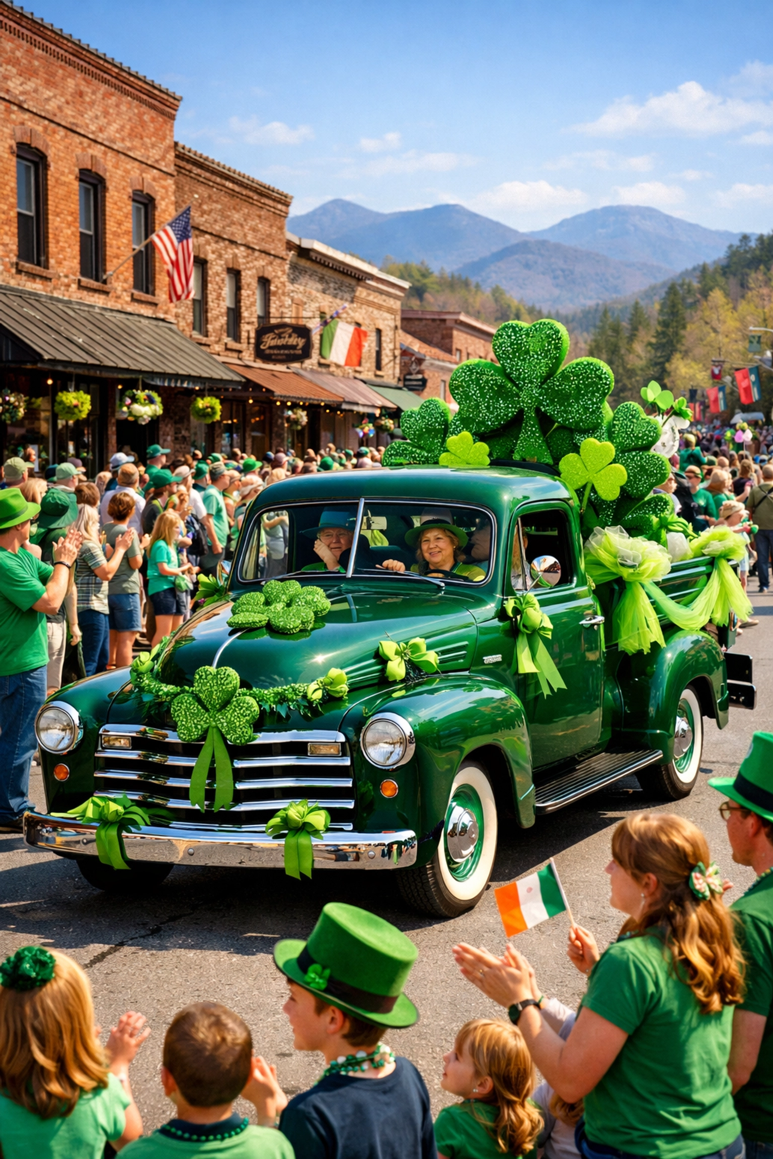 St. Patrick's Day festival parade in Blue Ridge Georgia with families celebrating in the mountains.