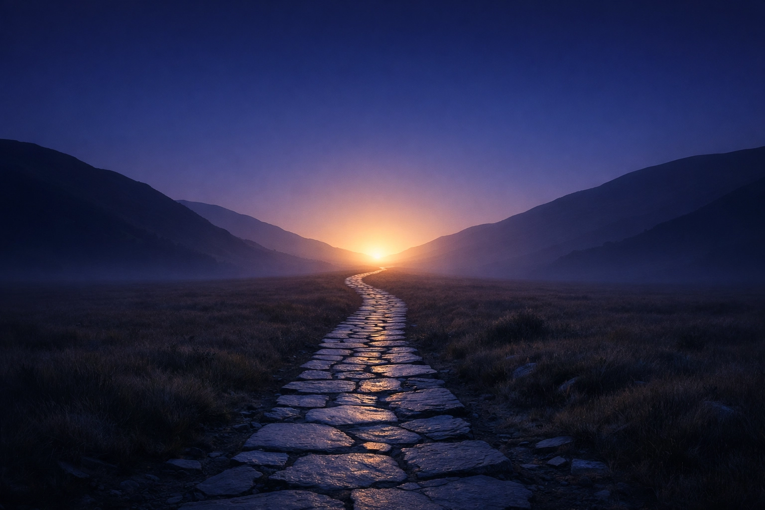A stone path leading toward a glowing horizon, representing hope and a steady future.