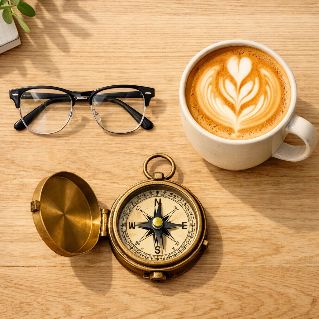 A desk with a compass and glasses, illustrating the clear choices parents make when comparing life insurance plans.