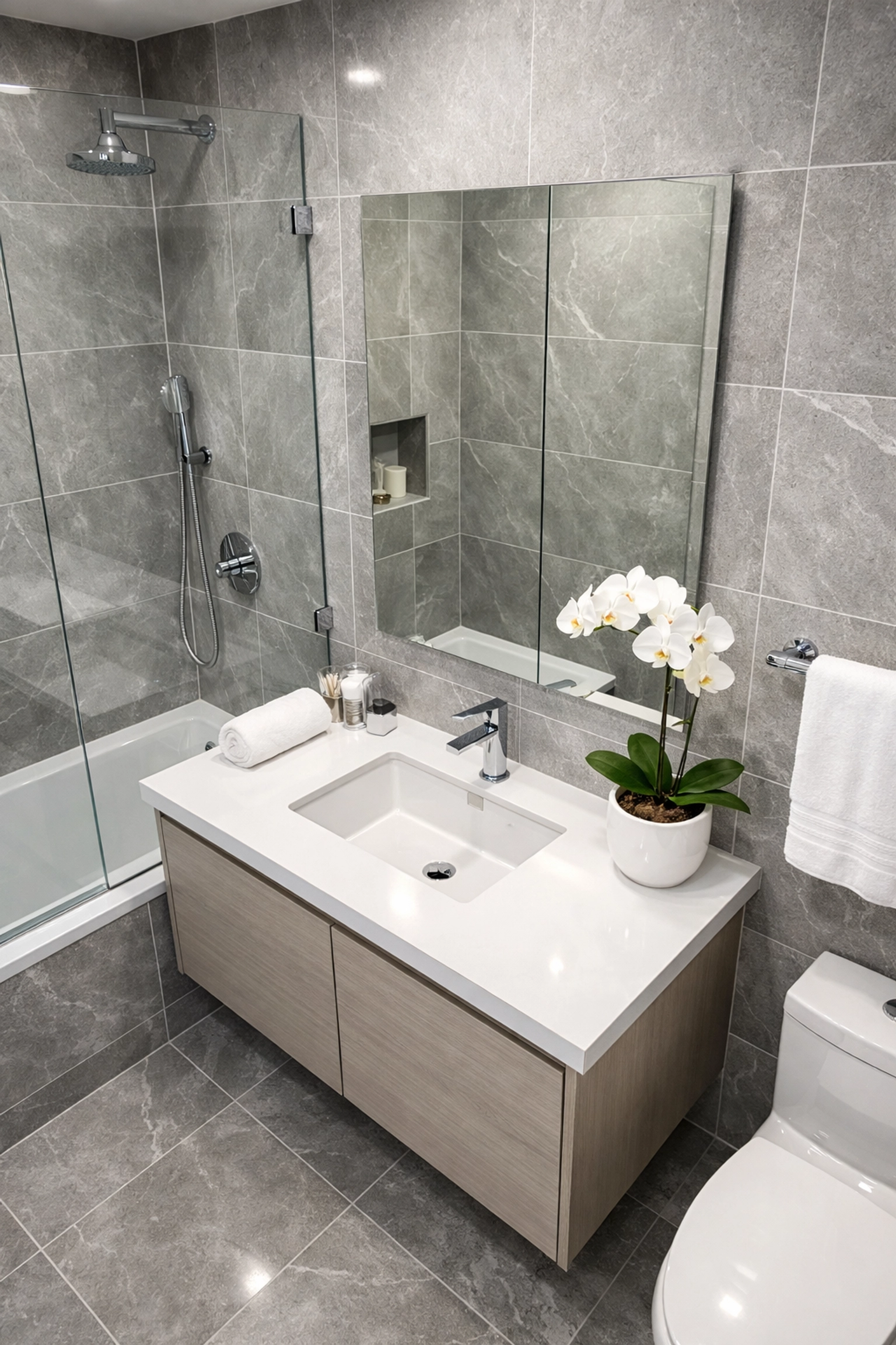 Well-maintained bathroom stone tile showing high standards for property management in Saskatoon.