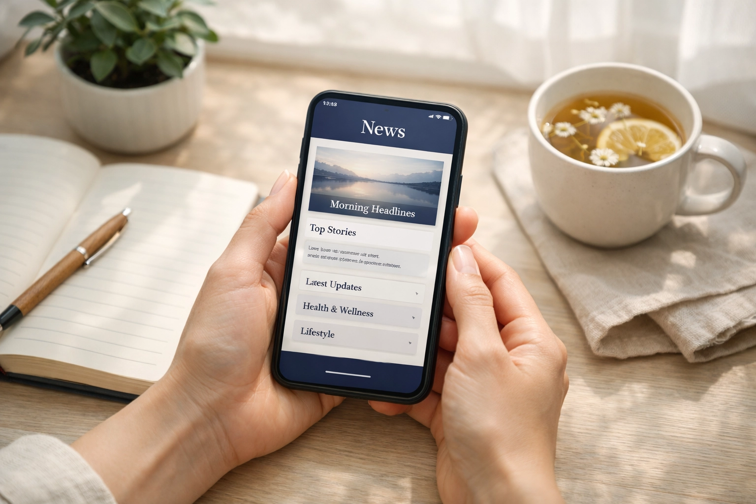 Hands holding smartphone displaying peaceful news interface with tea and journal nearby