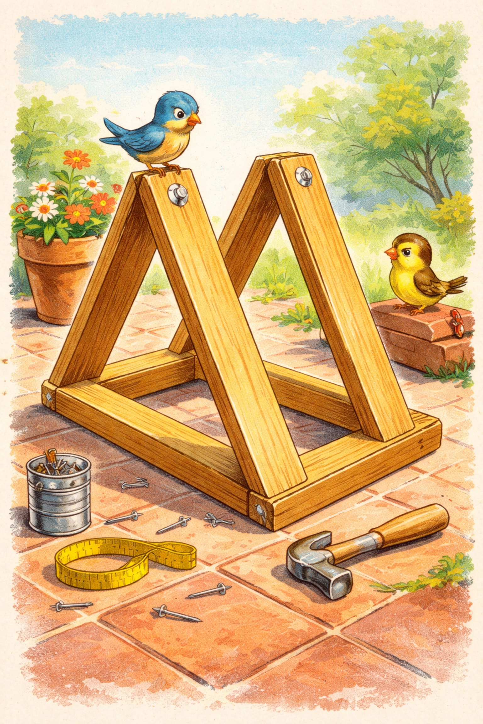 Storybook illustration of two wooden V-shaped frames being assembled into an A-frame garden on a cheerful patio, emphasizing simple DIY construction.