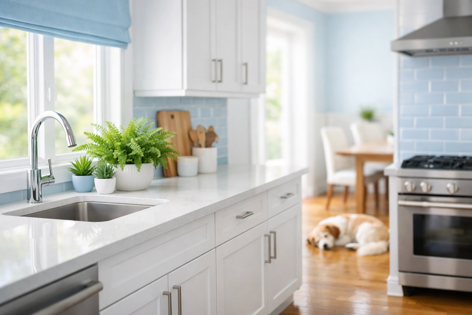 Eco-friendly maid services Worcester in a bright kitchen with clean surfaces safe for pets and families.