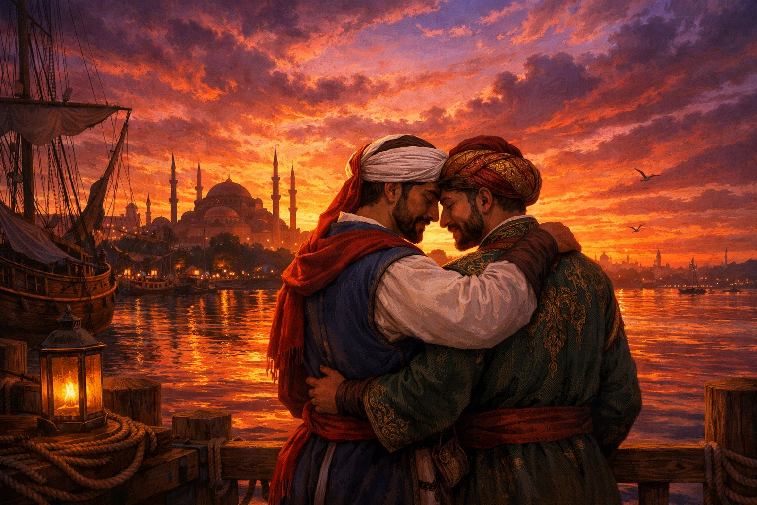 Gay couple in historical Ottoman clothing embracing at sunset by the Golden Horn, a scene from LGBTQ+ ebooks.