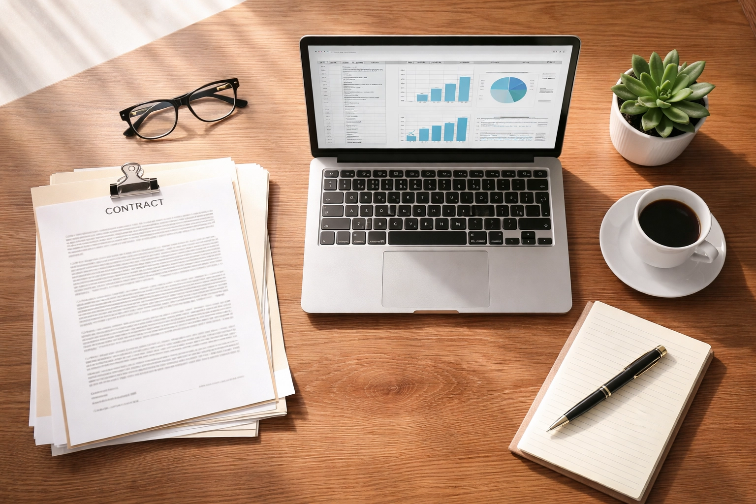 Overhead view of a desk with legal documents, laptop, and planning materials for business entity optimization
