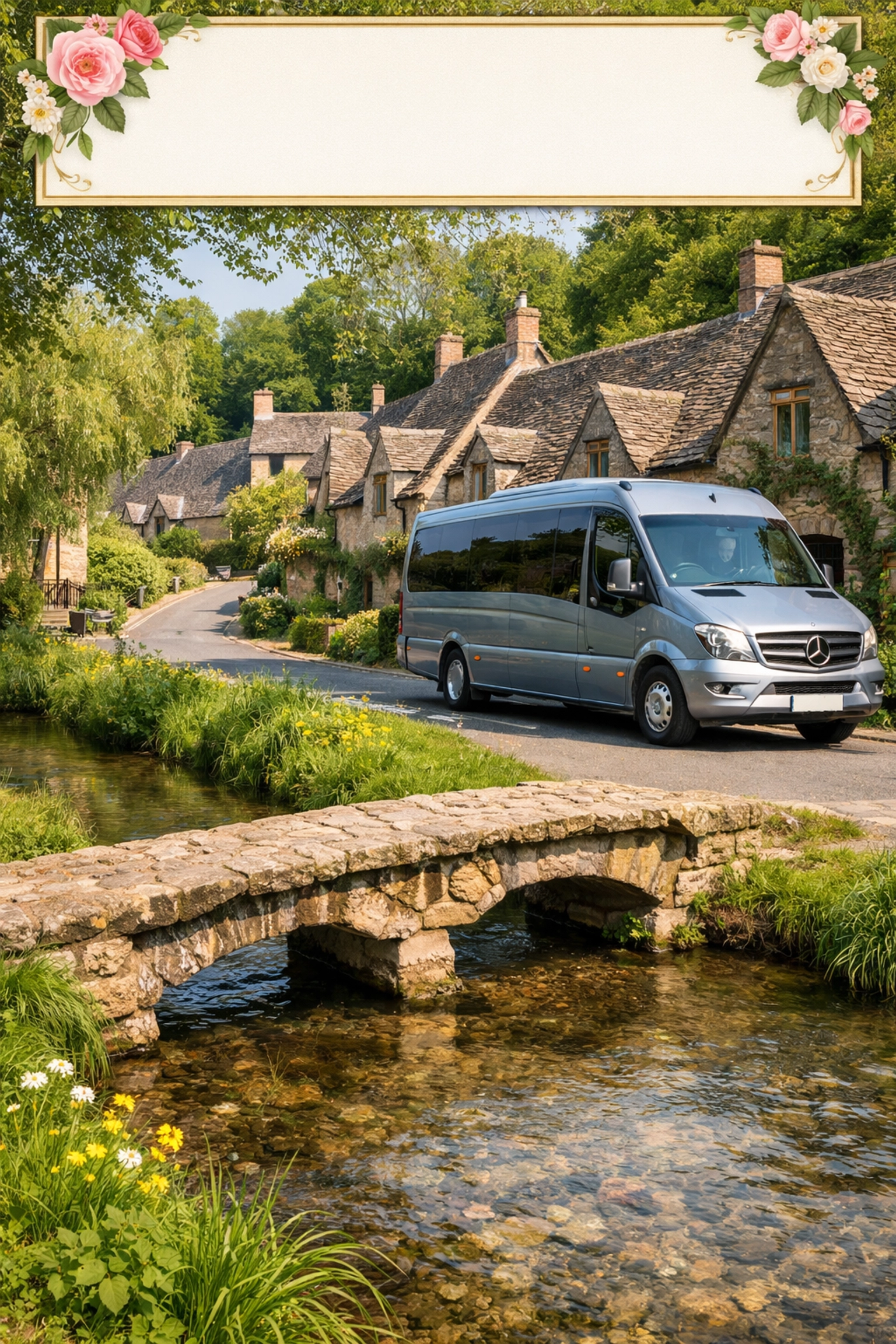 Small group Shakespeare Coaches minibus parked by a stream and stone footbridge in Lower Slaughter village.