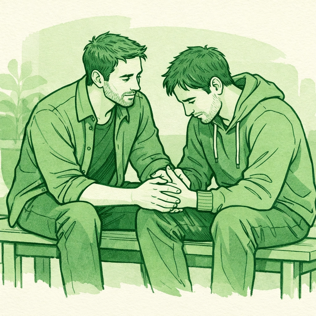 Minimalist illustration of two men supporting each other, symbolizing queer community and shared emotional resilience.