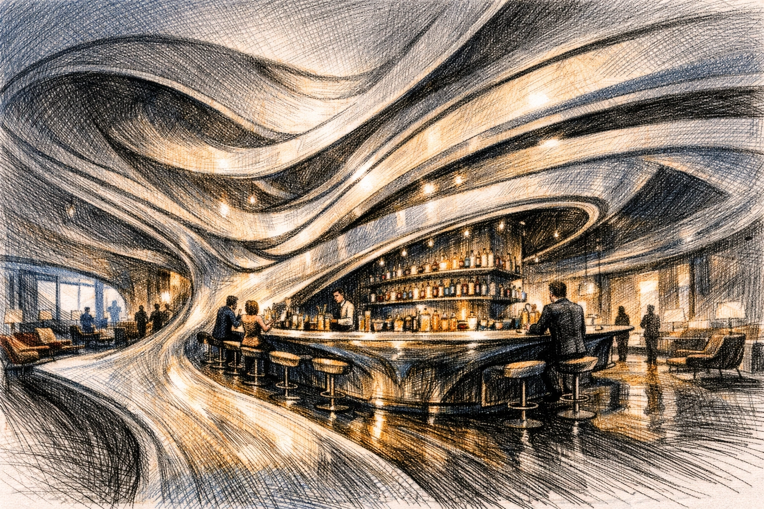 Fluid hotel lobby architecture with curved floors and a modern integrated bar counter.