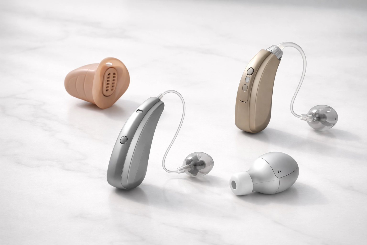 Close-up of four premium hearing aids on a marble surface showing latest UK hearing aid models