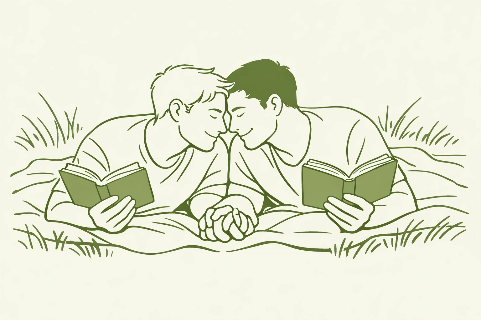 MM couple reading gay books together in a park, illustrating connection through queer fiction and shared stories.