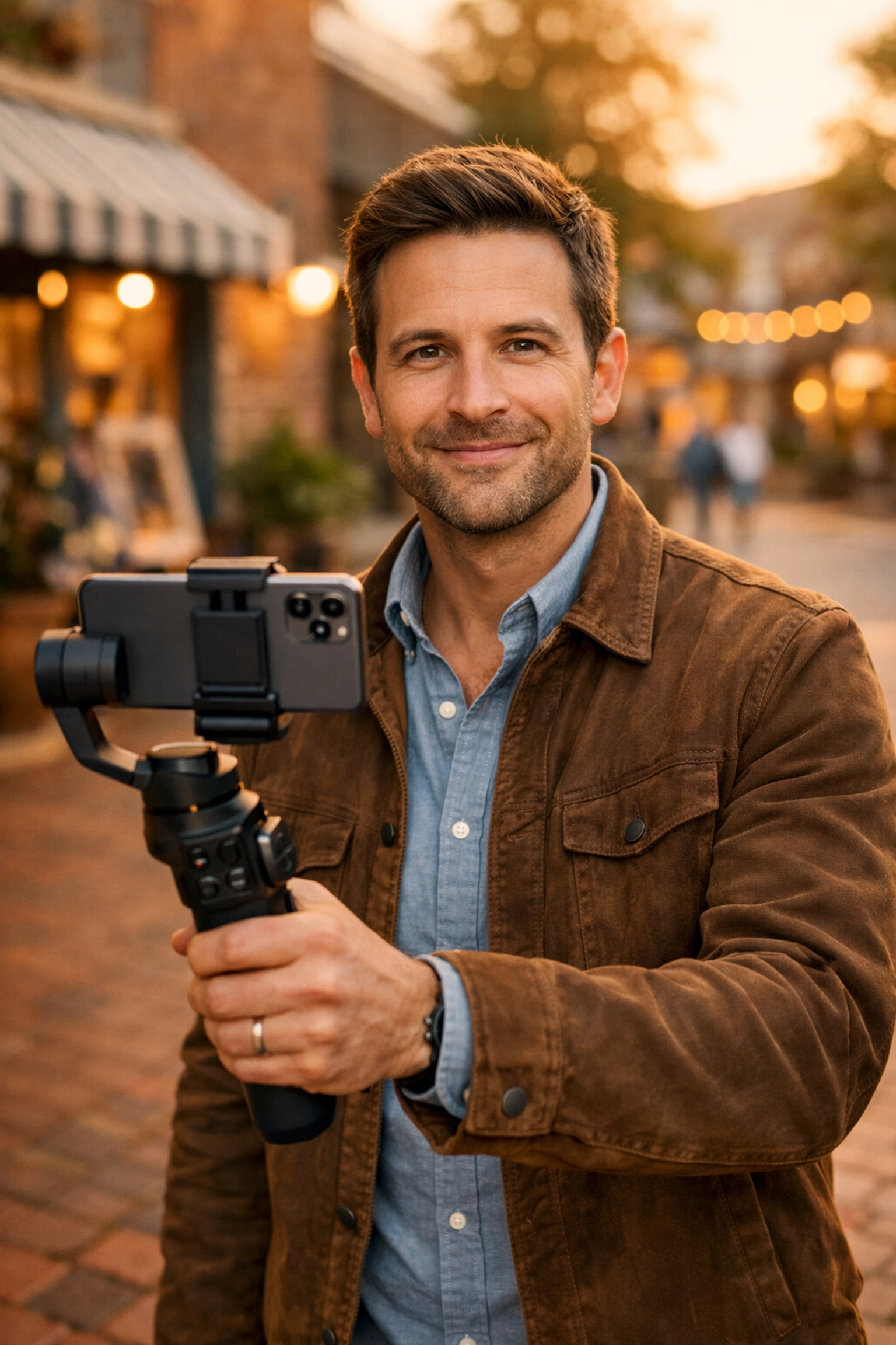 Local journalist filming community video content to build trust and brand authority for a media agency.