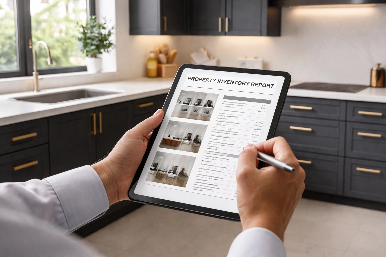 Inventory clerk documenting property condition with a tablet in a modern matte black and gold kitchen.