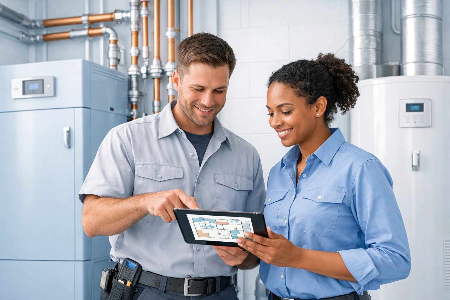 Verified technicians coordinating leak detection Florida and AC repair Florida services in a home utility room.
