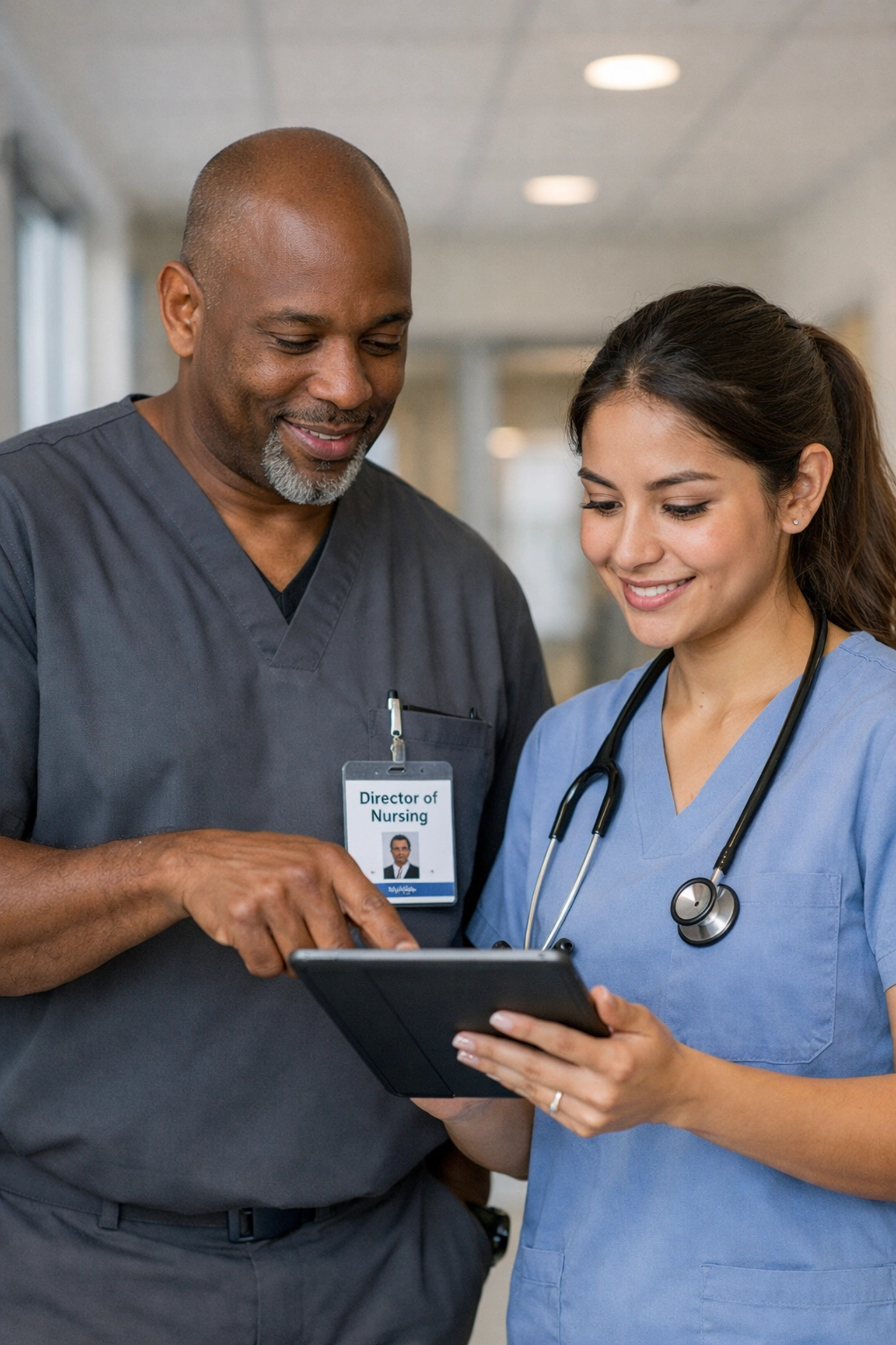 Director of Nursing providing clinical mentorship to a nurse, supporting professional growth and staff retention.