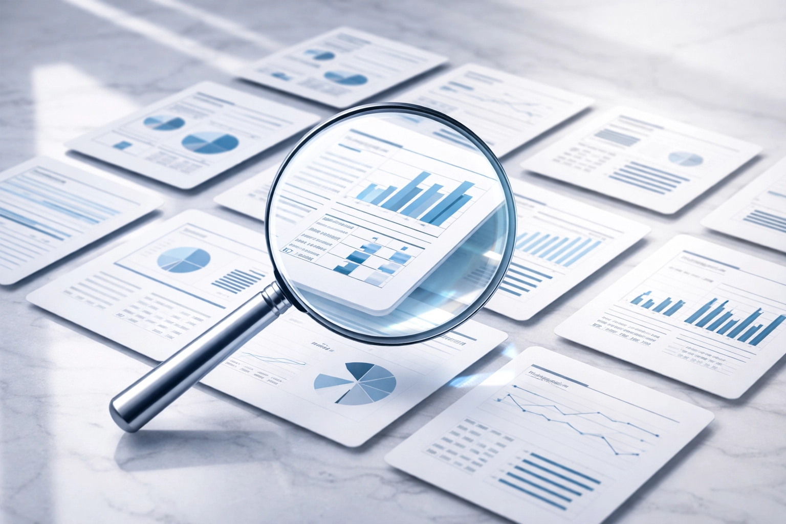 Crystal-clear magnifying glass over organized data cards, symbolizing first-party data quality and precision