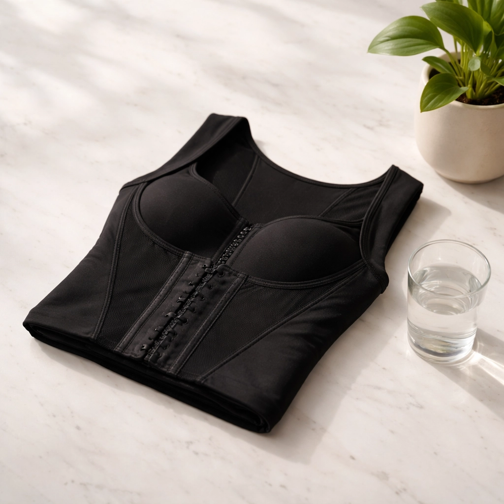 Black compression garment for ab etching recovery displayed on a marble surface, Houston