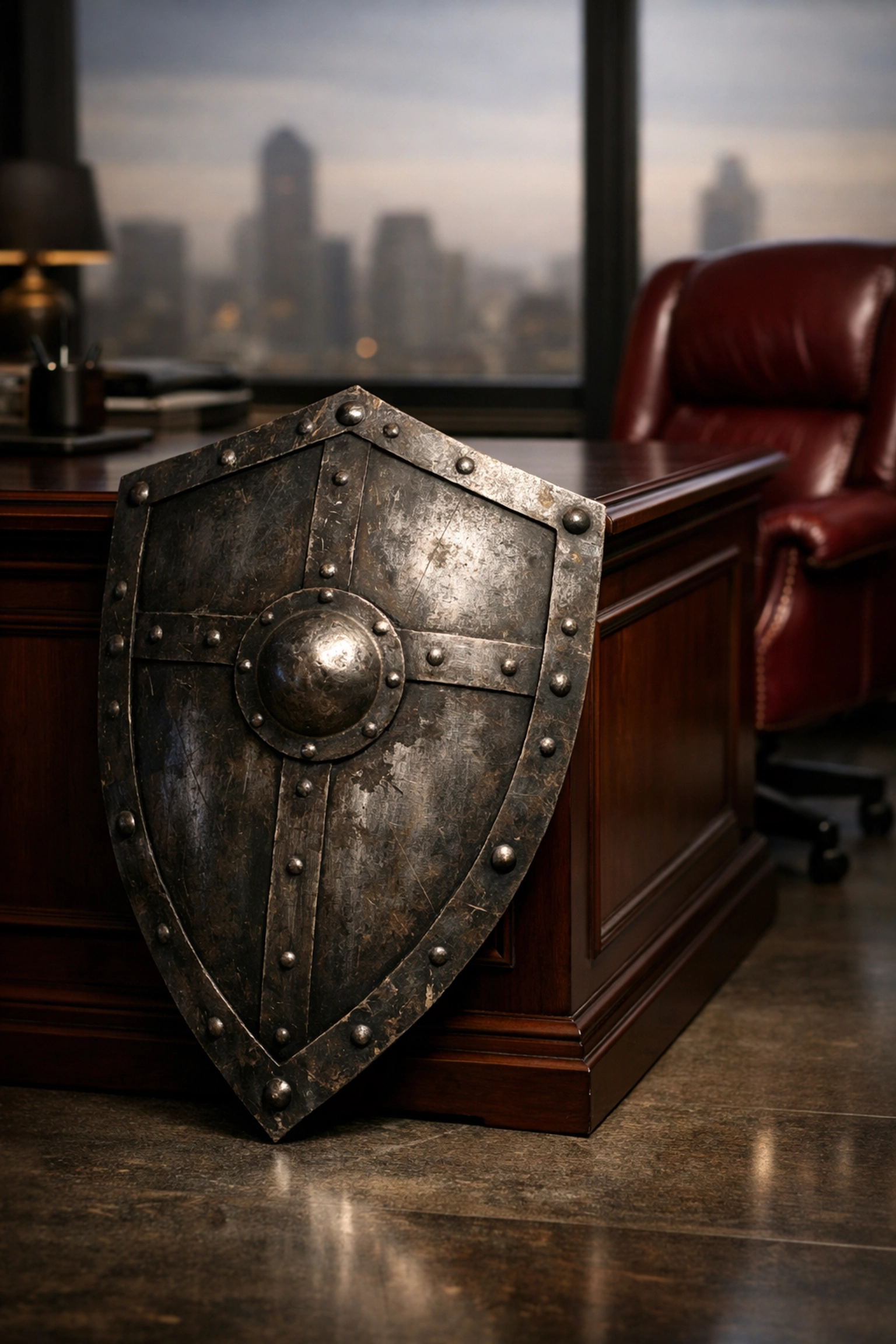 Iron shield leaning against an executive desk representing a Living Trust as a defensive shield for family legacy.
