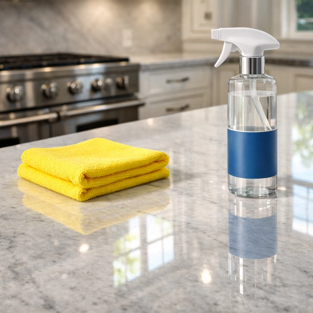 Sparkling clean white marble kitchen island after a professional bi-weekly cleaning Concord service.