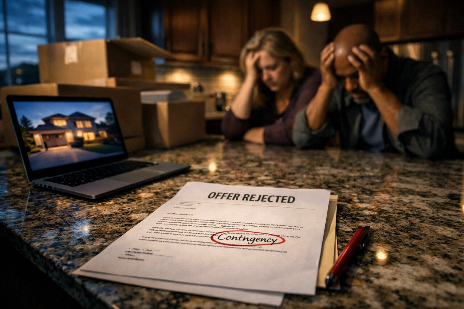 Frustrated Las Vegas home buyers facing rejected contingent offer in kitchen with moving boxes
