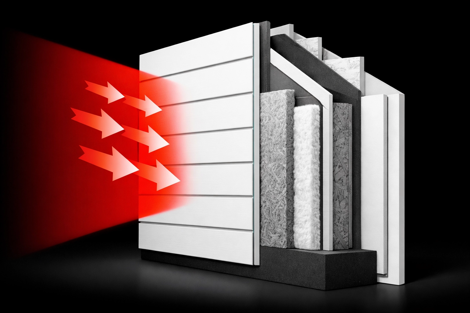 Wall cross-section showing siding and insulation creating a thermal envelope to lower energy bills.