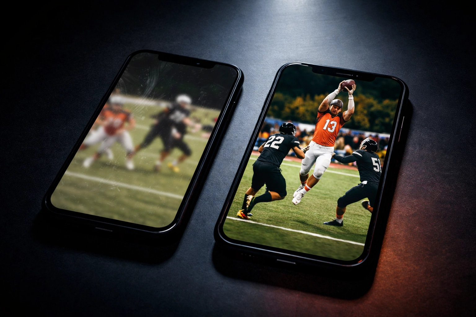 Side-by-side comparison of blurry and high-definition 7v7 football game footage, highlighting the importance of video quality in recruiting highlight films.