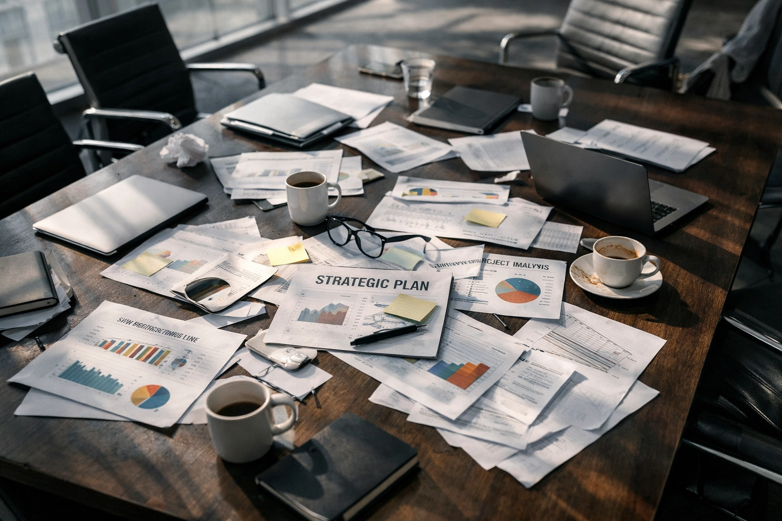Chaotic boardroom table after failed executive strategy meeting showing organizational complexity