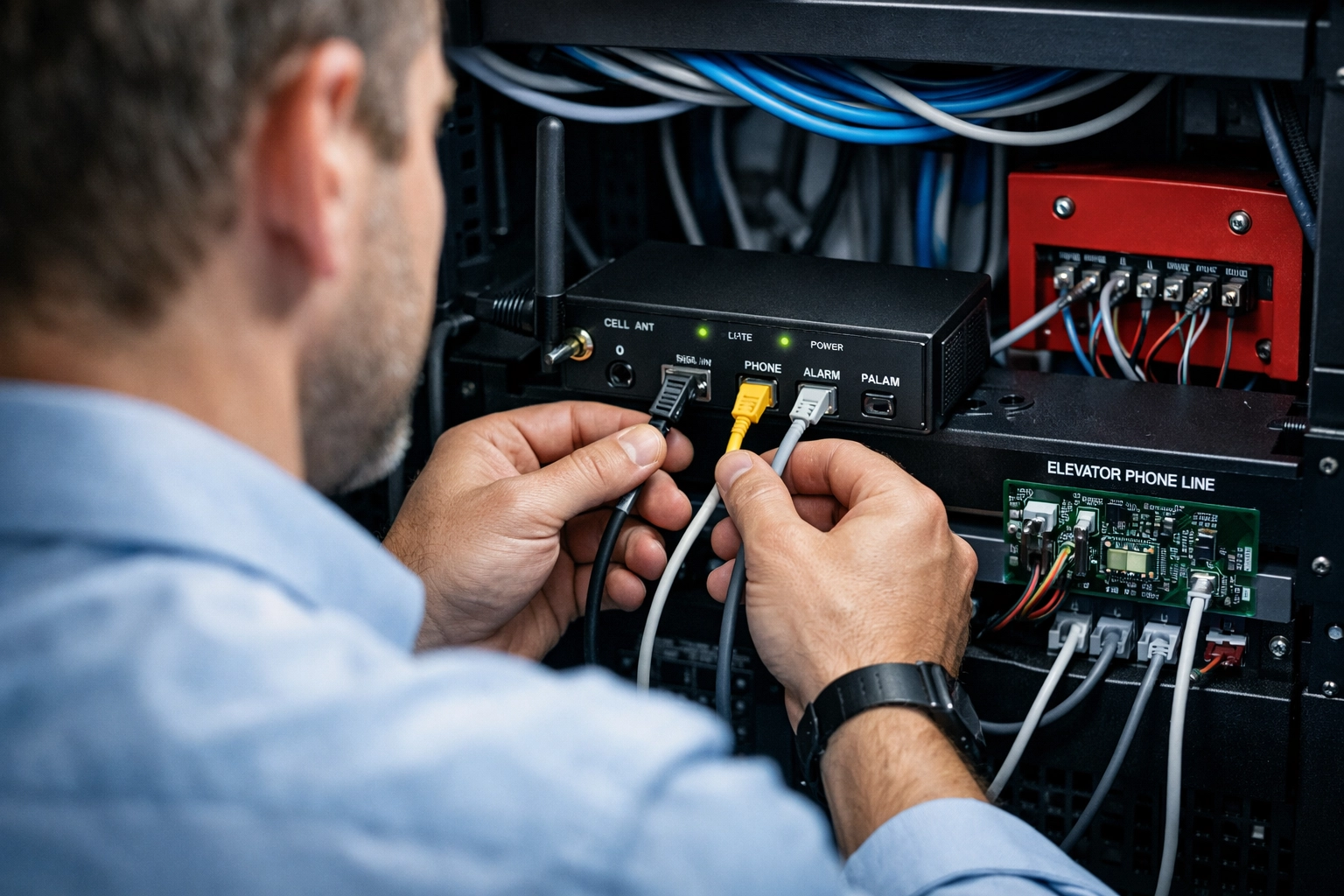 Technician installing cellular POTS replacement gateway for elevator and fire alarm systems in Tacoma
