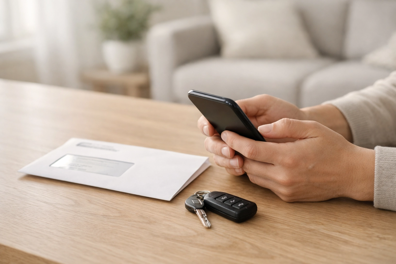 Person checking online payday loans Ontario on smartphone next to bills and car keys.