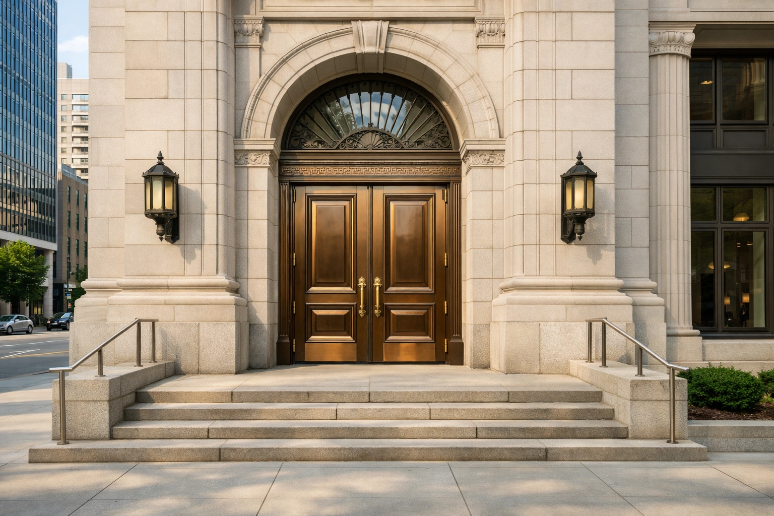 Exterior of a historic Midwest building with clean limestone and polished entrance doors.