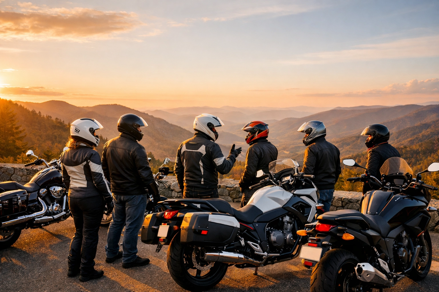 Group of motorcycle riders in safety gear at a scenic overlook advocating for proactive road safety.