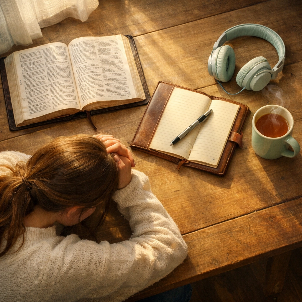 Teen girl using a Bible and journal to process emotions, reflecting faith-based mental health care.