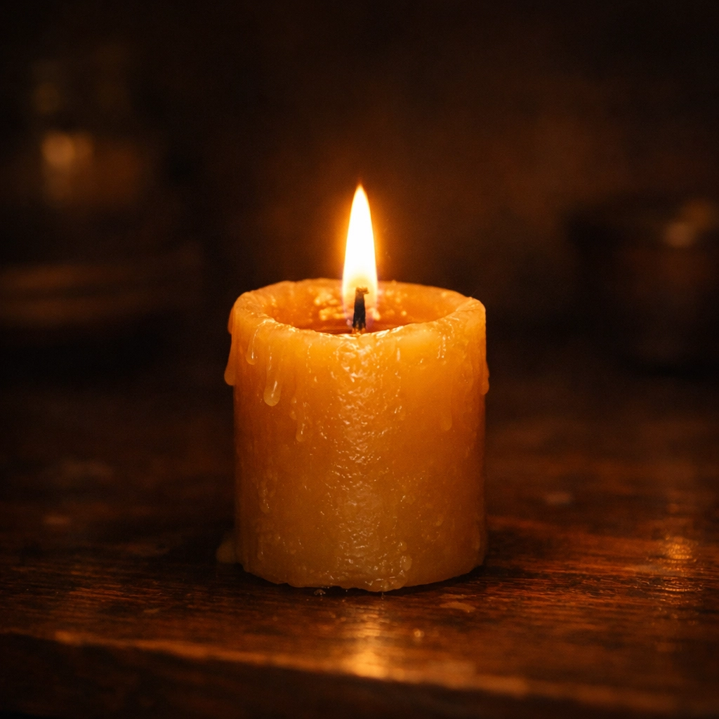 A single candle flame in a dark room representing the feeling of being wired but tired at night in perimenopause.