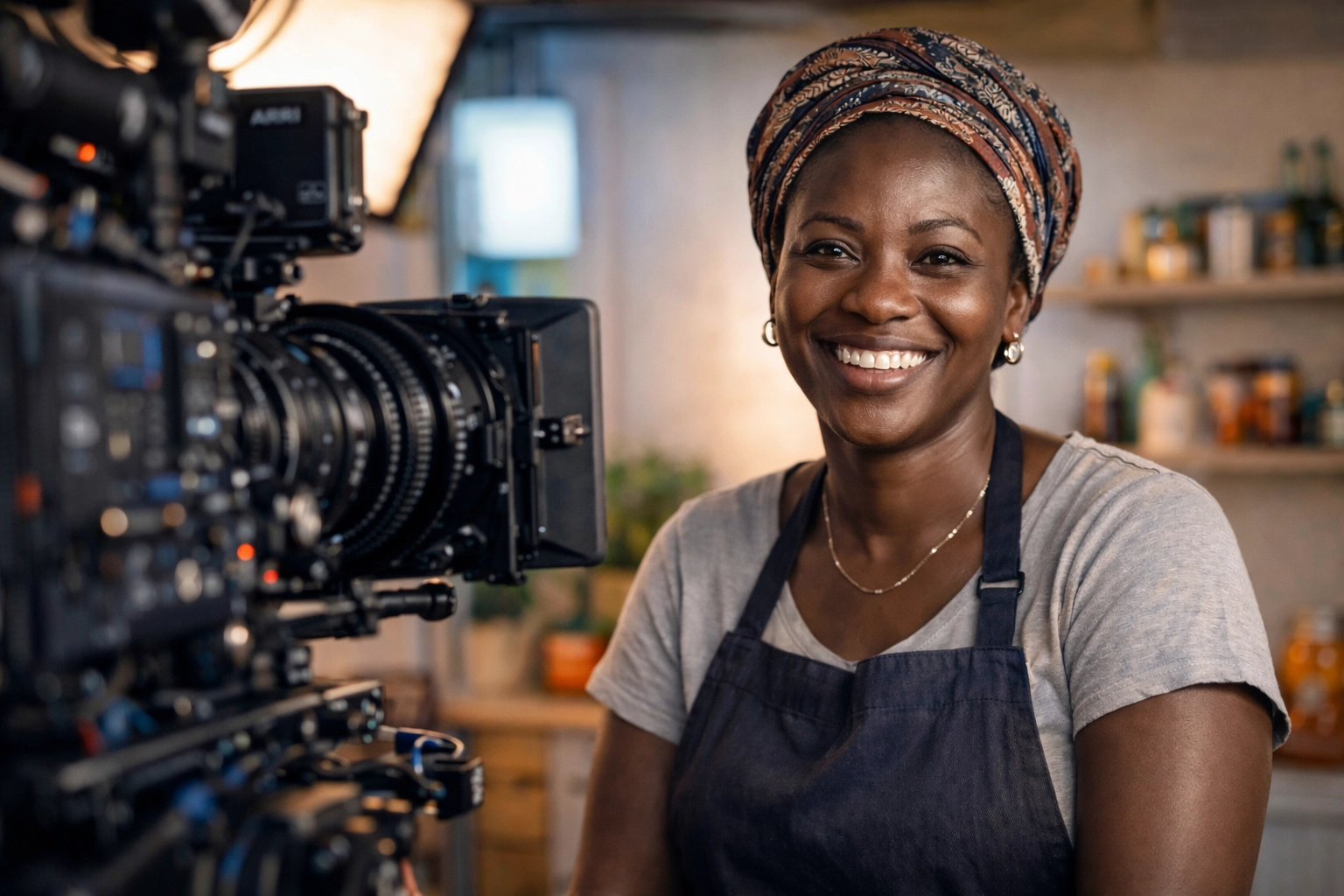Small business owner being filmed during professional video production session