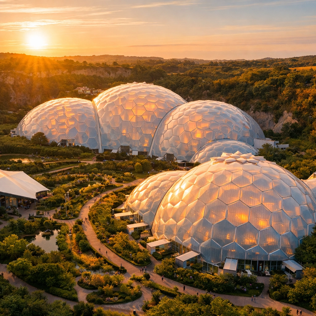 Eden Project biomes at sunset in Cornwall celebrating 25th anniversary