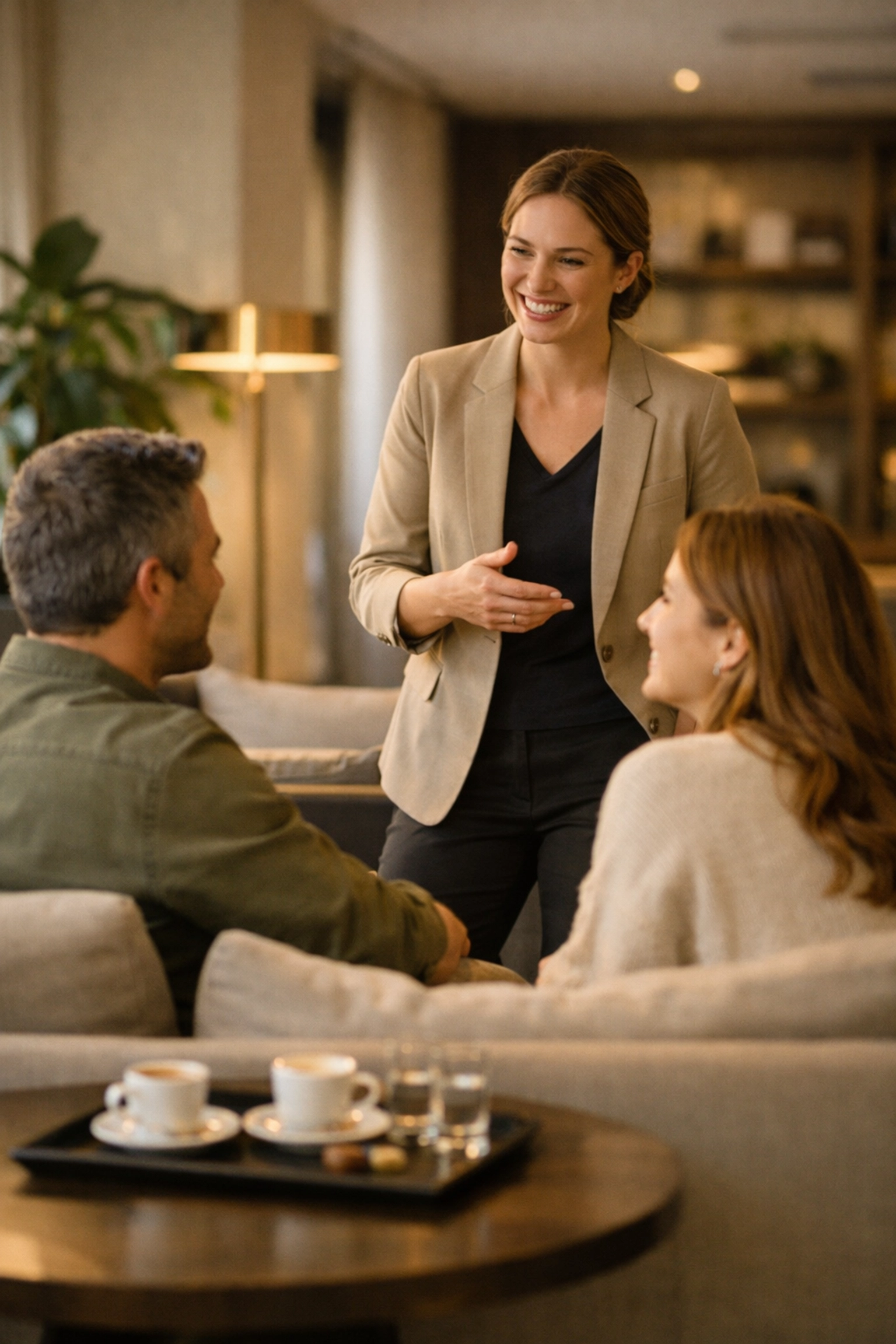 Hotel staff member engaging with guests in a lounge, highlighting the freedom gained through hospitality automation.