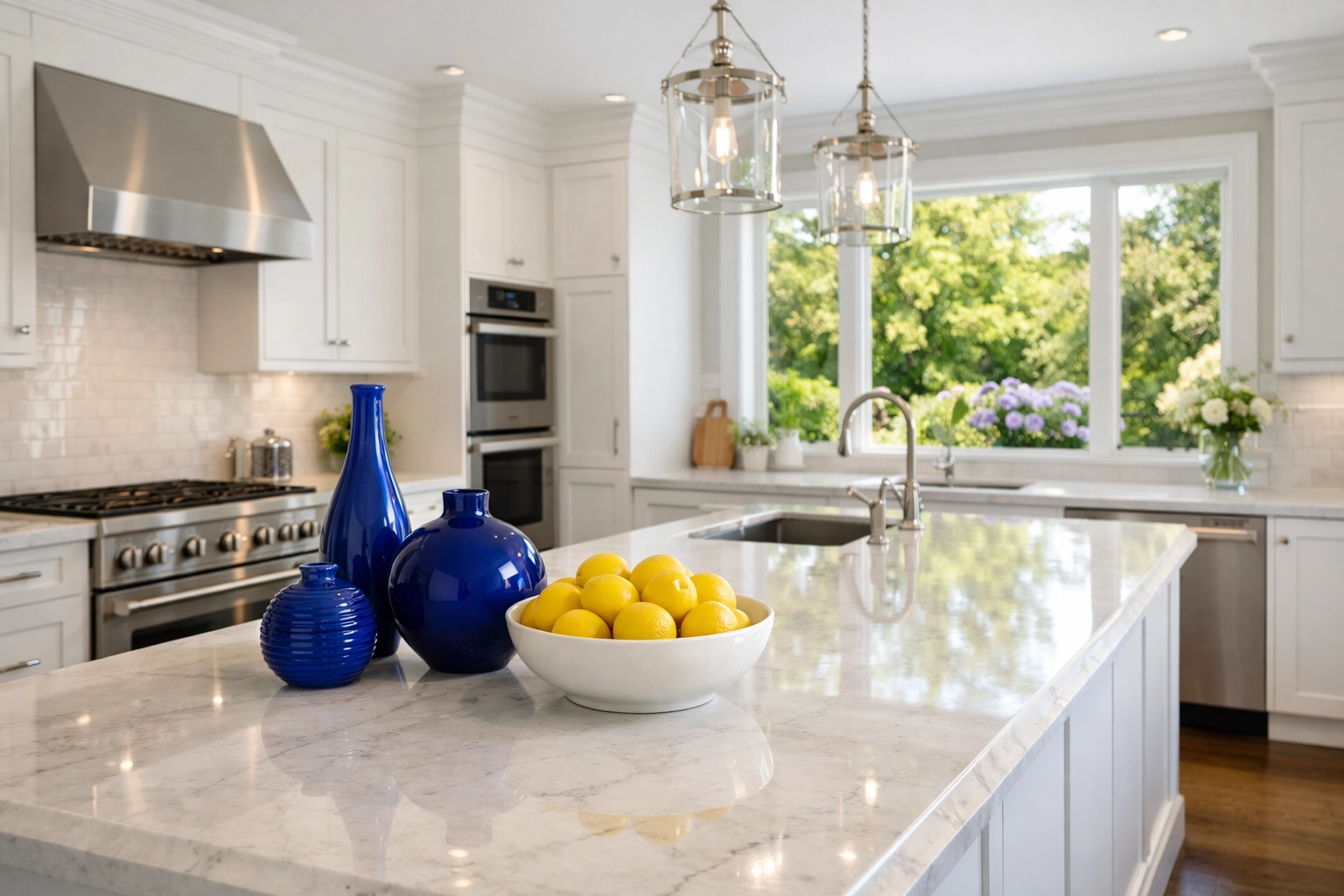 A bright and organized Southborough kitchen with white cabinets after weekly house cleaning Southborough.