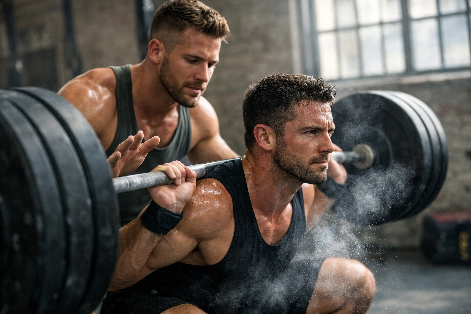 Two gay athletes training together in CrossFit box, one spotting heavy squat