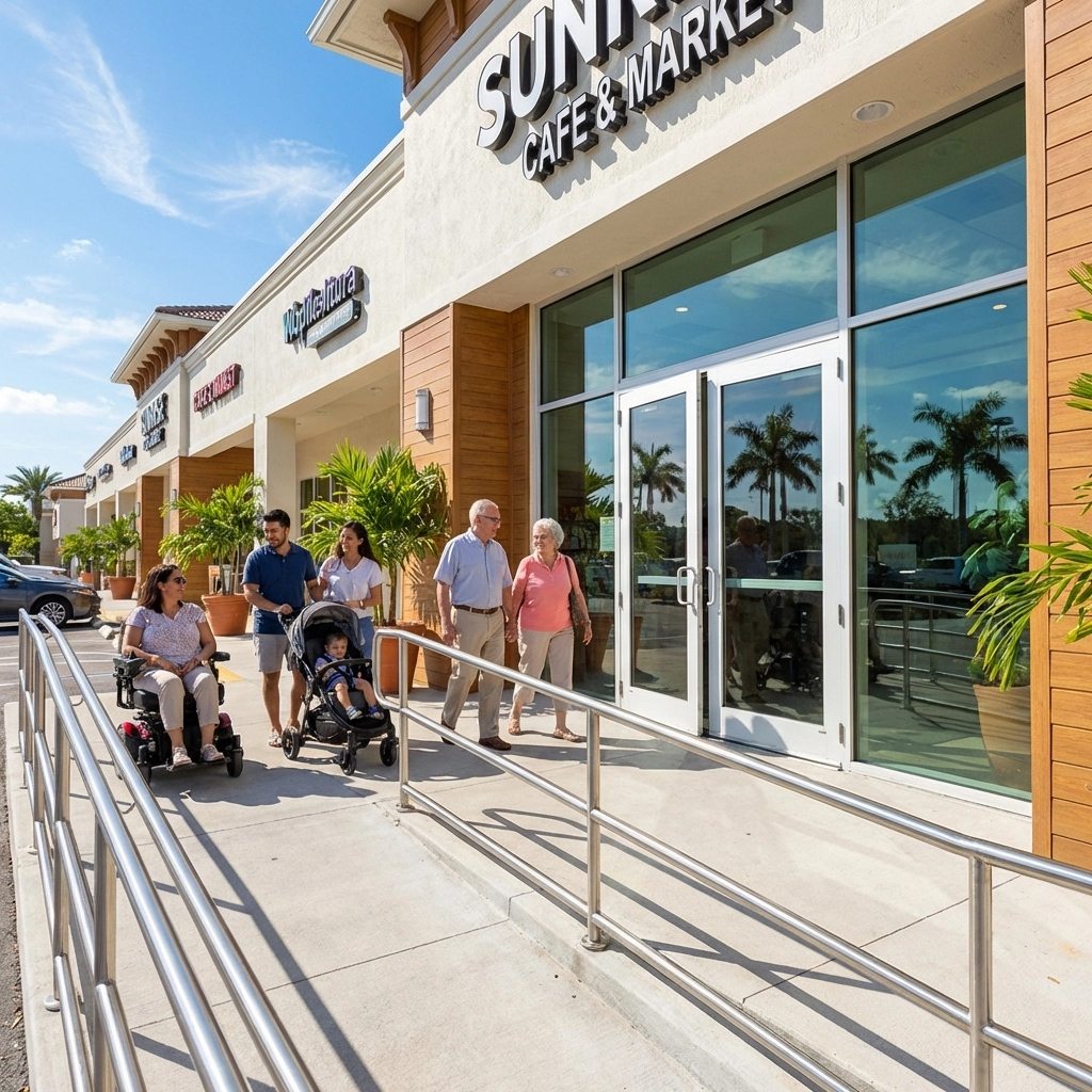 Accessible small business storefront in South Florida with ramp, demonstrating tax benefits for ADA compliance improvements