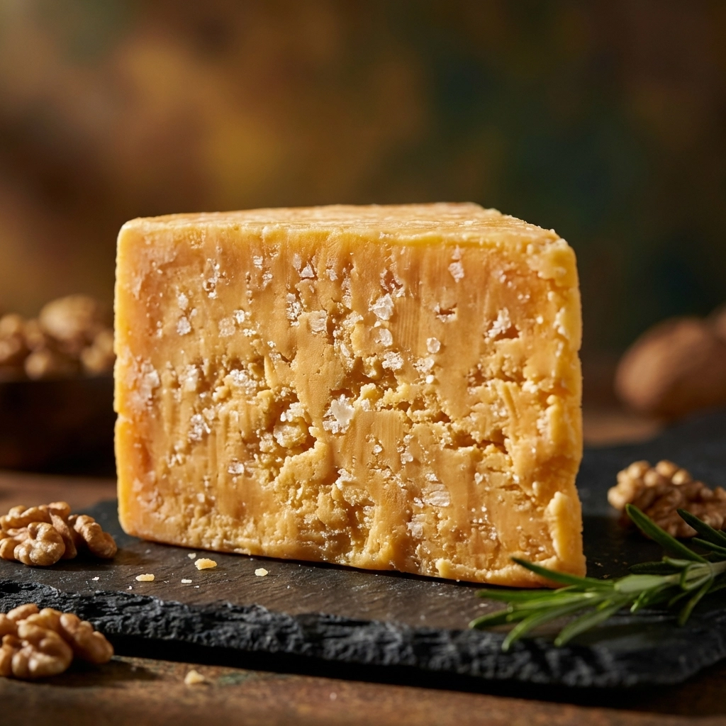 Close-up of aged cheddar cheese wedge with visible crystals, reflecting premium texture and quality in dairy industry trends.