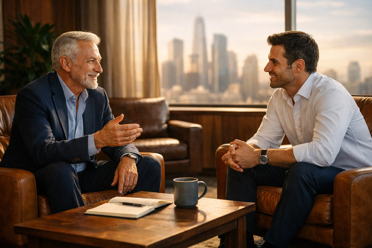 Founder and senior executive discussing corporate culture, executive alignment, and retention planning in a modern office.