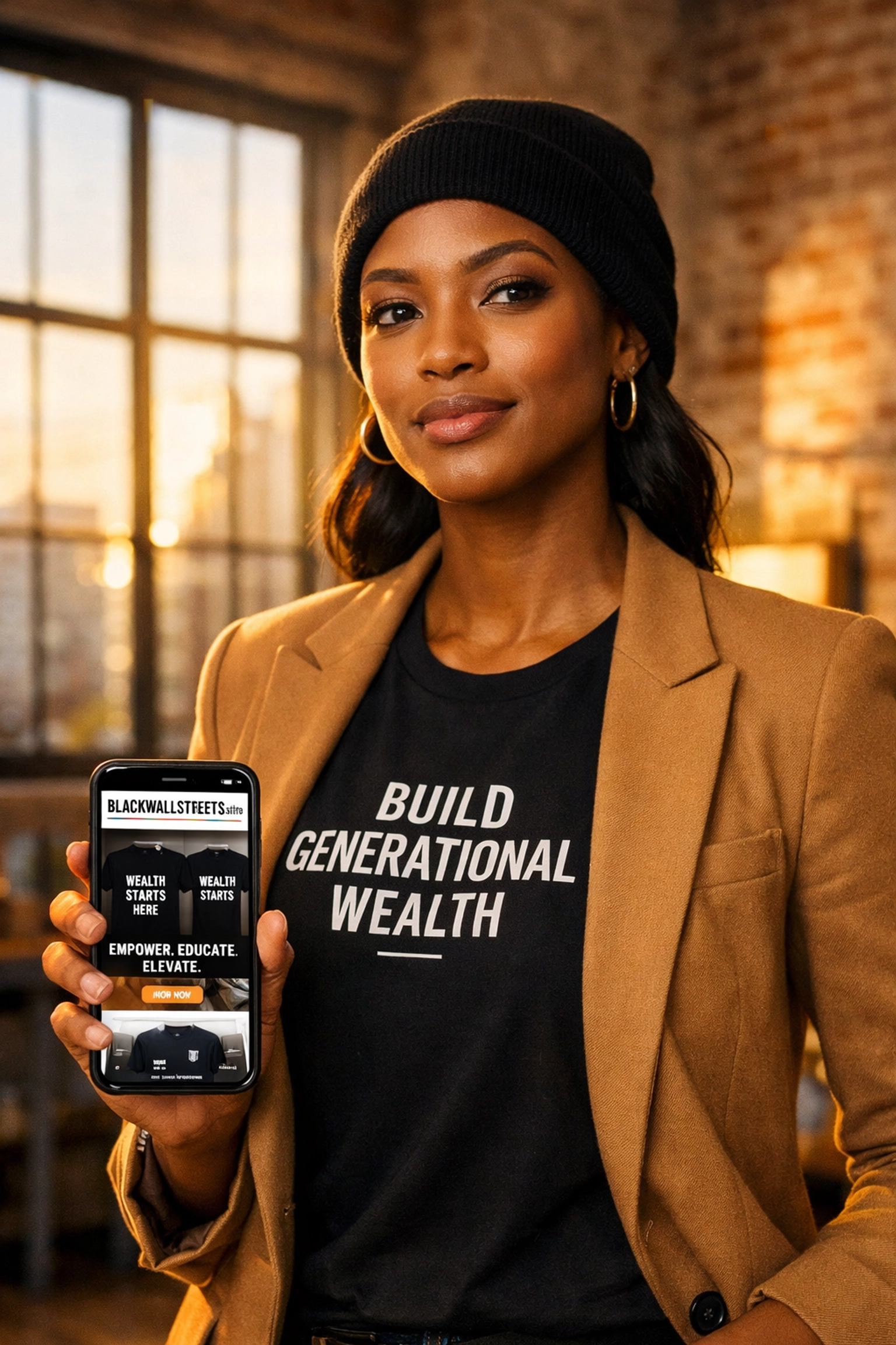 How to Build a Black-Owned Lifestyle in 5 Minutes: Candles, Décor, Beauty, and Motivational Tees That Hit Different Woman wearing a Black-owned motivational t-shirt and beanie in a stylish urban loft office.