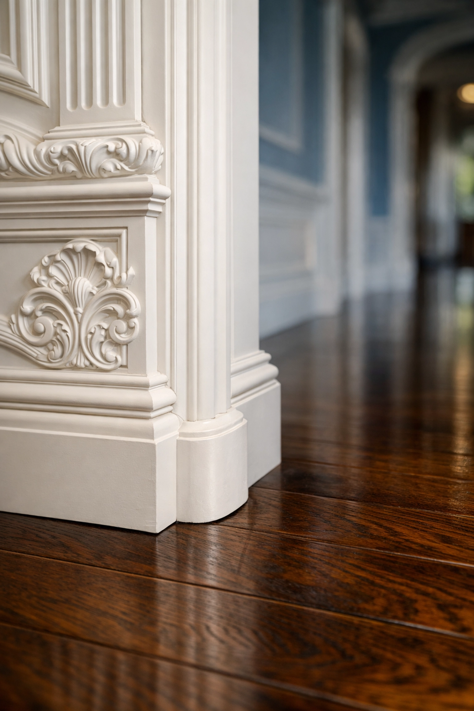 Detailed luxury cleaning in Lexington showcasing dust-free historic woodwork and polished dark wood floors.