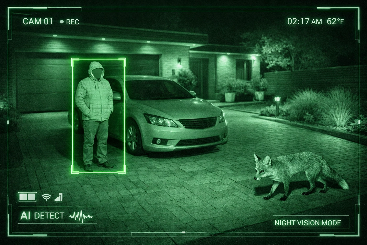 HD night vision CCTV with AI human detection highlighting an intruder while ignoring local wildlife.