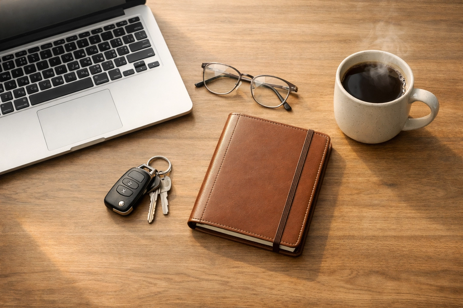 Organized desk with laptop and car keys representing financial stability for a cash loan online in Canada.
