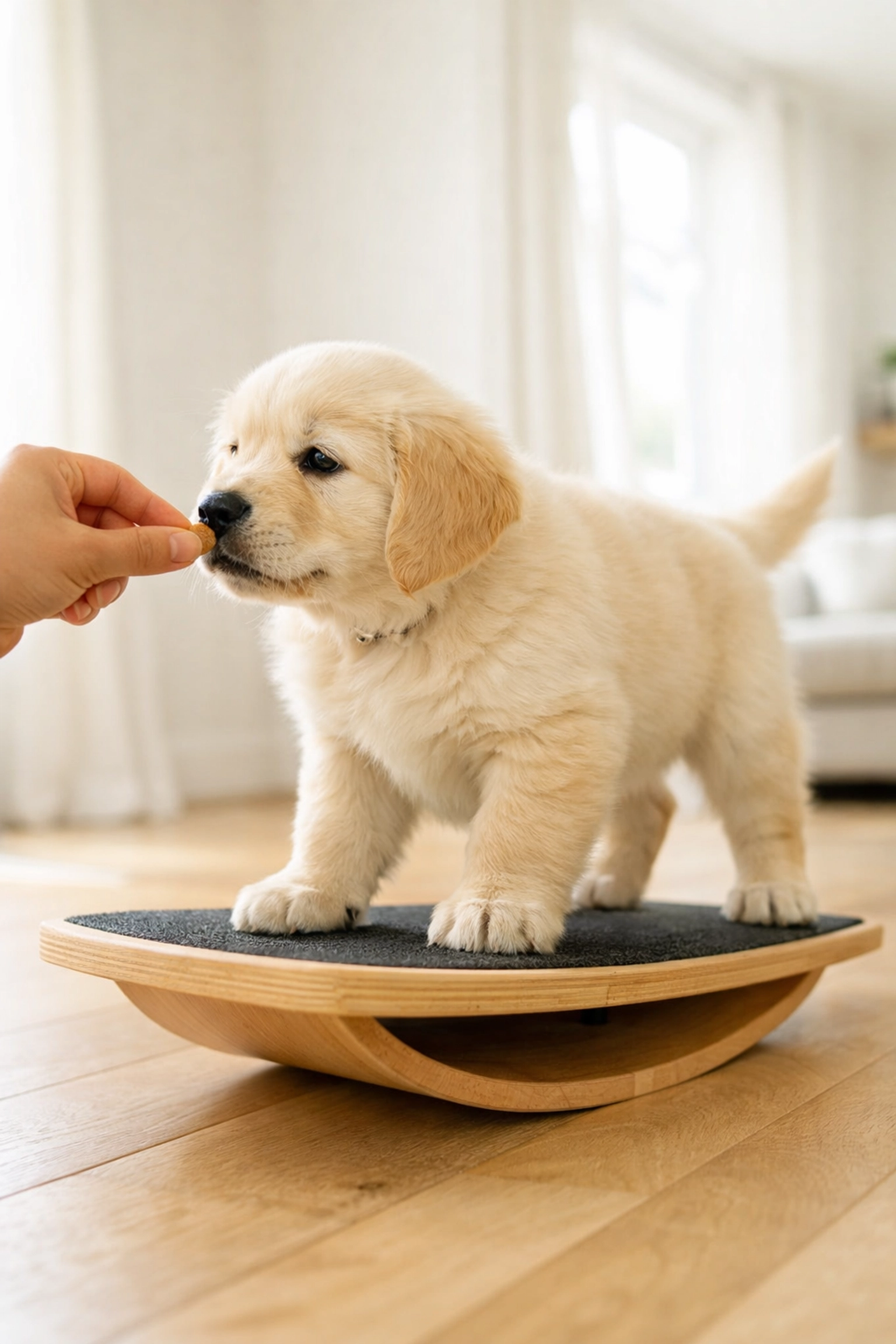 Socialized Golden Retriever puppy building confidence on a balance board using positive reinforcement.